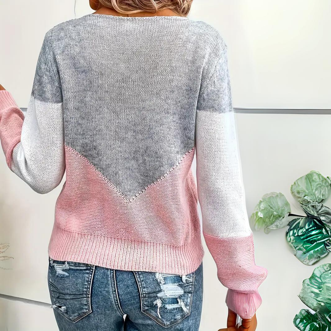 Tina- Pointelle Jumper with V-Shape Contrast Panels