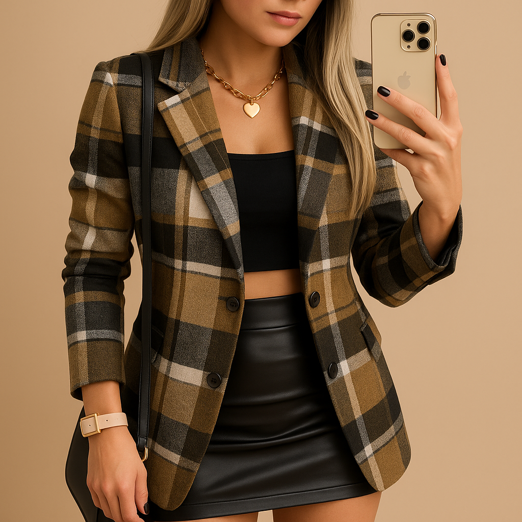 Rive | Long Padded Coat for Women with Check Pattern