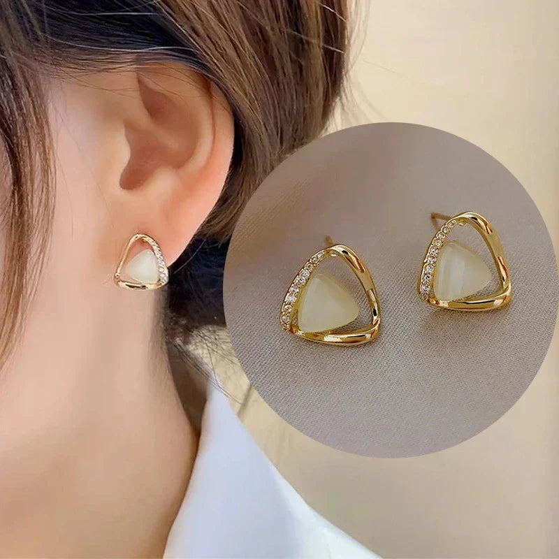 Sophisticated Triangular Opal and Crystal Earrings