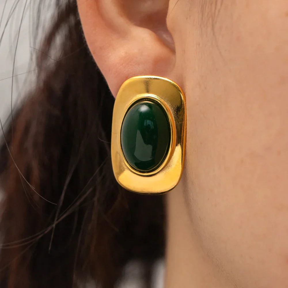 Vintage 18K Gold Plated Green Opal Oval Earrings