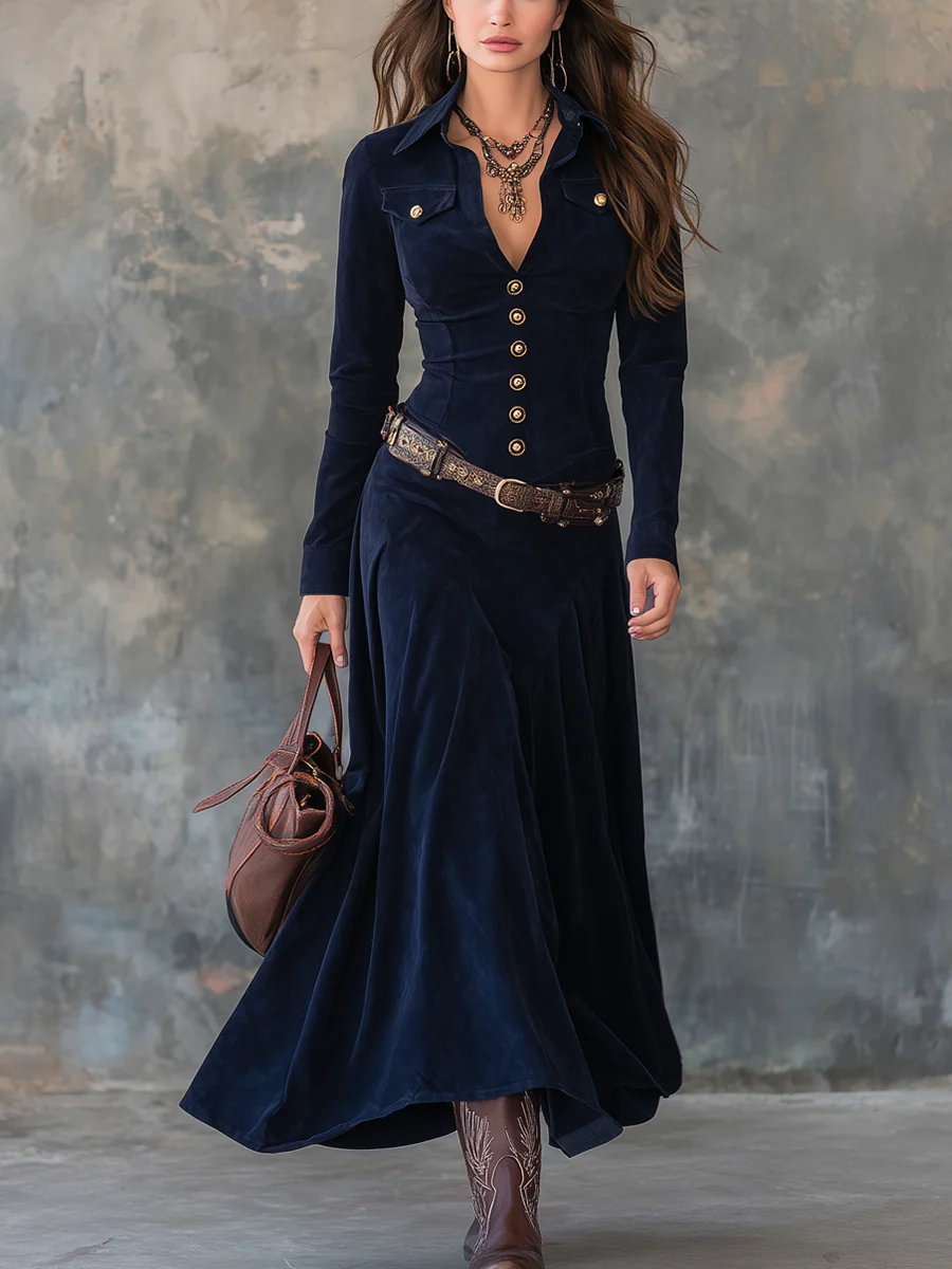 Kylie - Long Suede Effect Dress – Belt Included